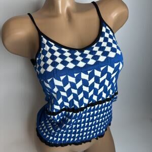 Veeko Y2K Blue Optical Illusion Knit Cami Top S Ruffle Hem Retro Harajuku